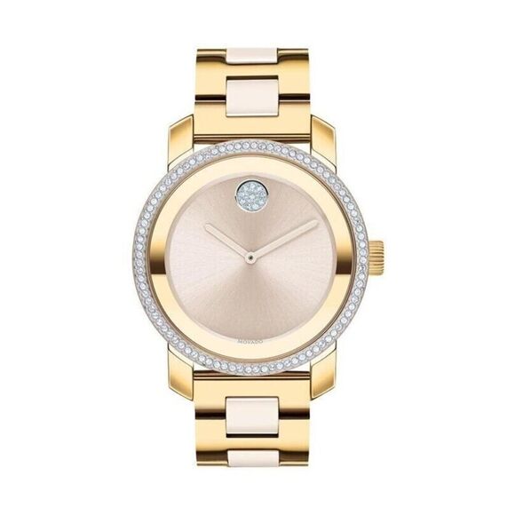 Movado Swiss Watch Yellow Gold Stainless Steel Case w/ Crystal Pave Bezel Quartz - Picture 1 of 4